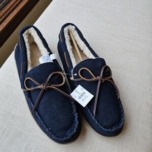 New! J.Crew Sz 12 Men's Classic Navy Blue Suede Moccasin Sherpa-lined Slippers